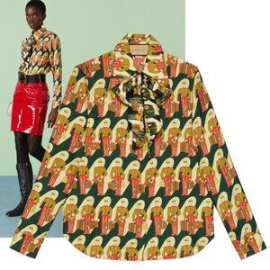 GUCCI TOP PORTER PRINT  BOW SILK TWILL SHIRT BLOUSE sz IT 40 US 4
